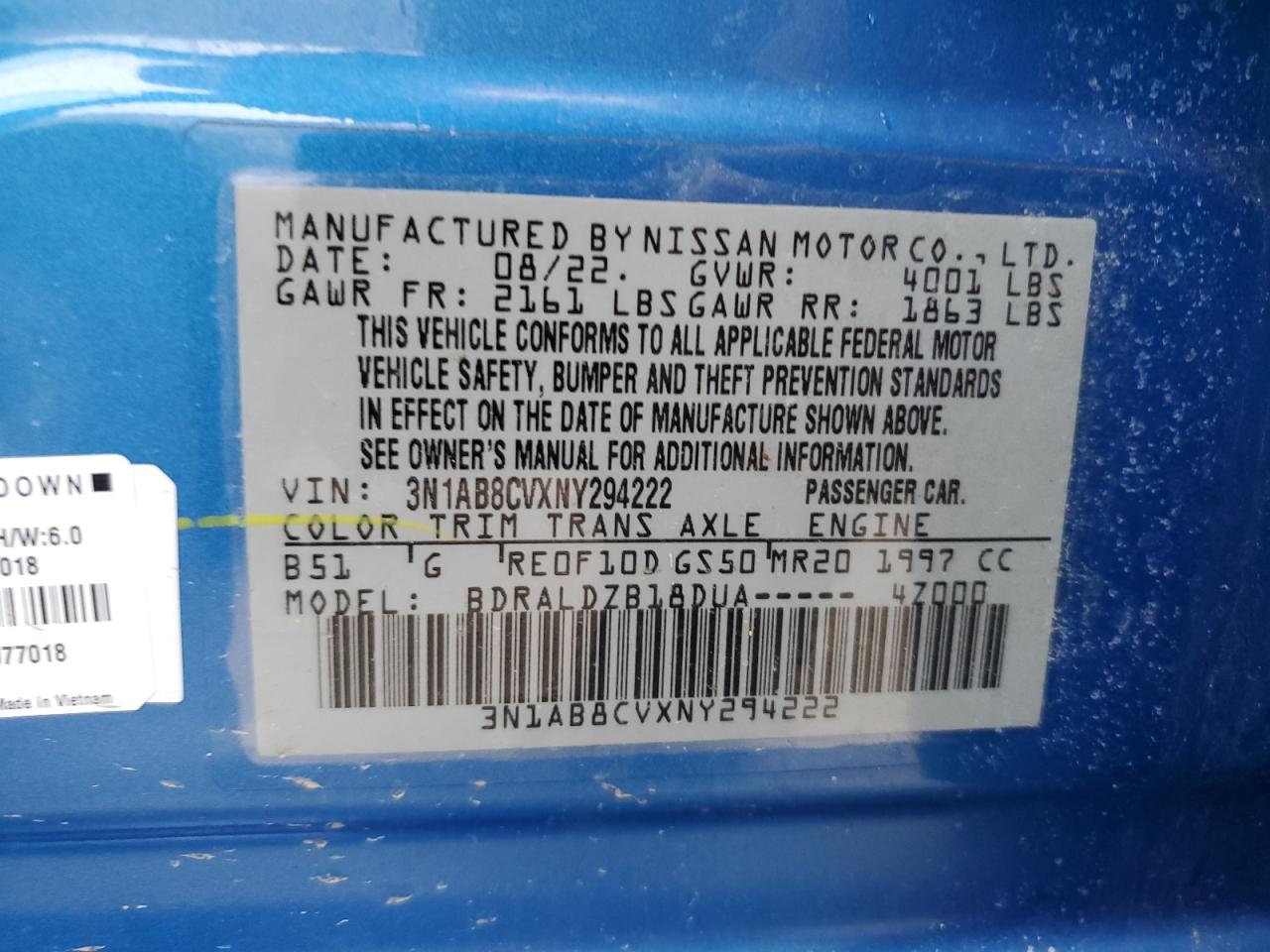 2022 NISSAN SENTRA SV VIN:3N1AB8CVXNY294222