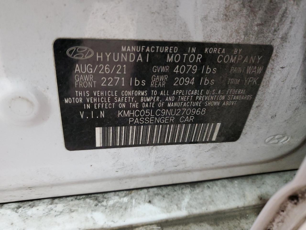 2022 HYUNDAI IONIQ LIMITED VIN:KMHC05LC9NU270968
