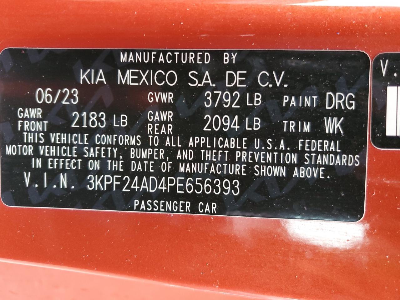 2023 KIA FORTE LX VIN:3KPF24AD4PE656393