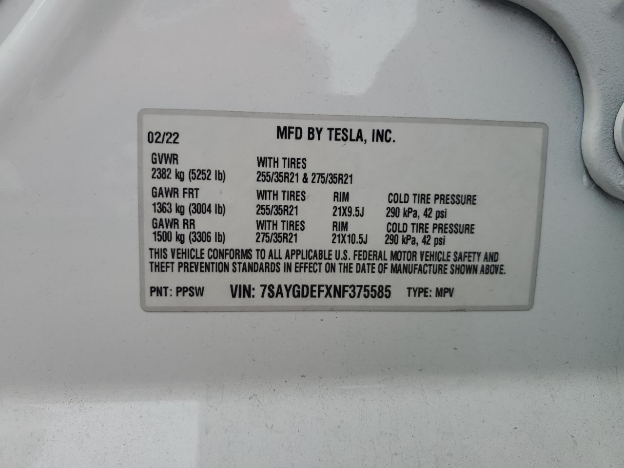 2022 TESLA MODEL Y VIN:7SAYGDEFXNF375585