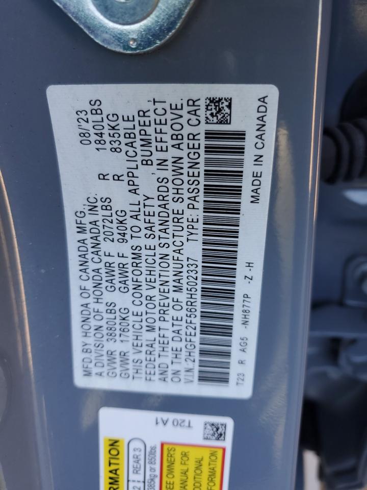 2024 HONDA CIVIC SPORT VIN:2HGFE2F56RH502337