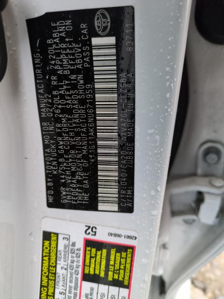 2022 TOYOTA CAMRY SE VIN:4T1G11AK6NU671959