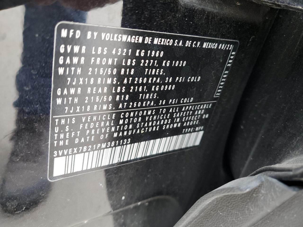 2023 VOLKSWAGEN TAOS SE VIN:3VVEX7B21PM381133