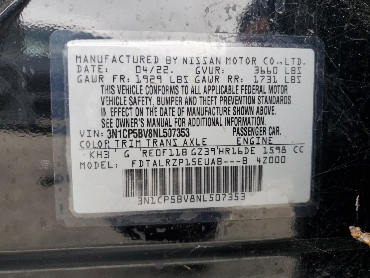 2022 NISSAN KICKS S VIN:3N1CP5BV8NL507353