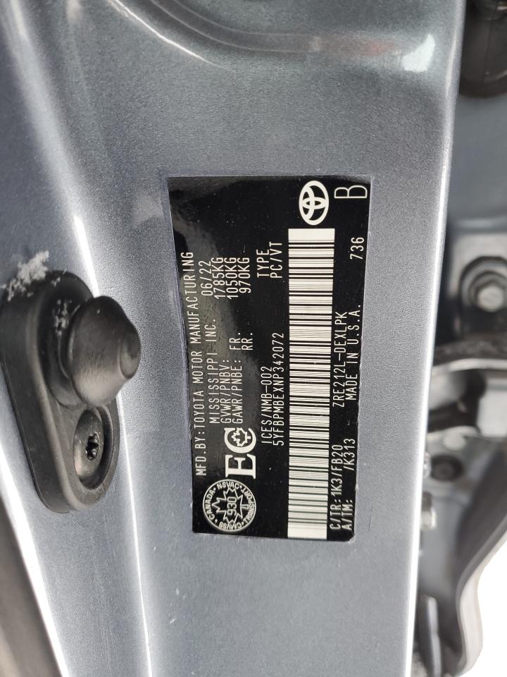 2022 TOYOTA COROLLA LE VIN:5YFBPMBEXNP342072