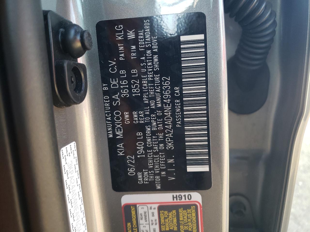 2022 KIA RIO LX VIN:3KPA24AD4NE496362