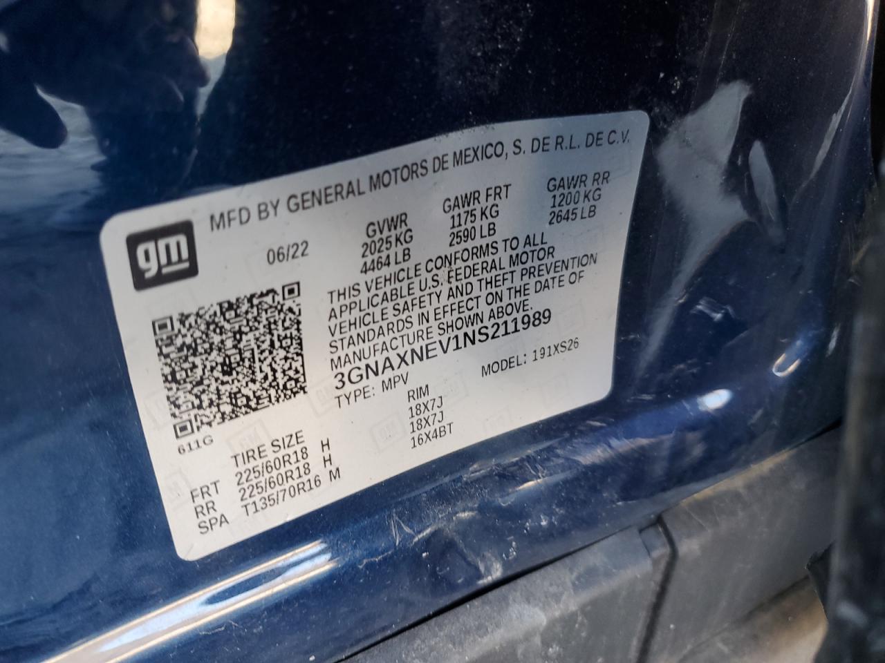 2022 CHEVROLET EQUINOX PREMIER VIN:3GNAXNEV1NS211989