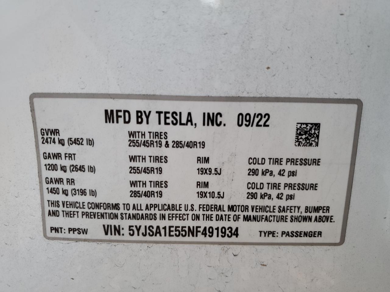 2022 TESLA MODEL S VIN:5YJSA1E55NF491934