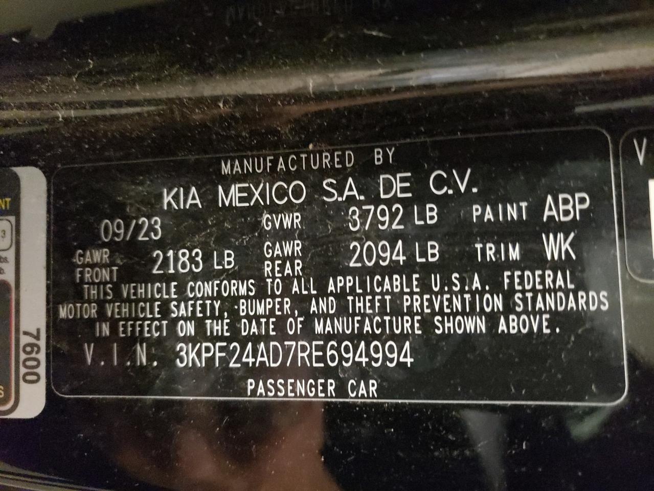 2024 KIA FORTE LX VIN:3KPF24AD7RE694994