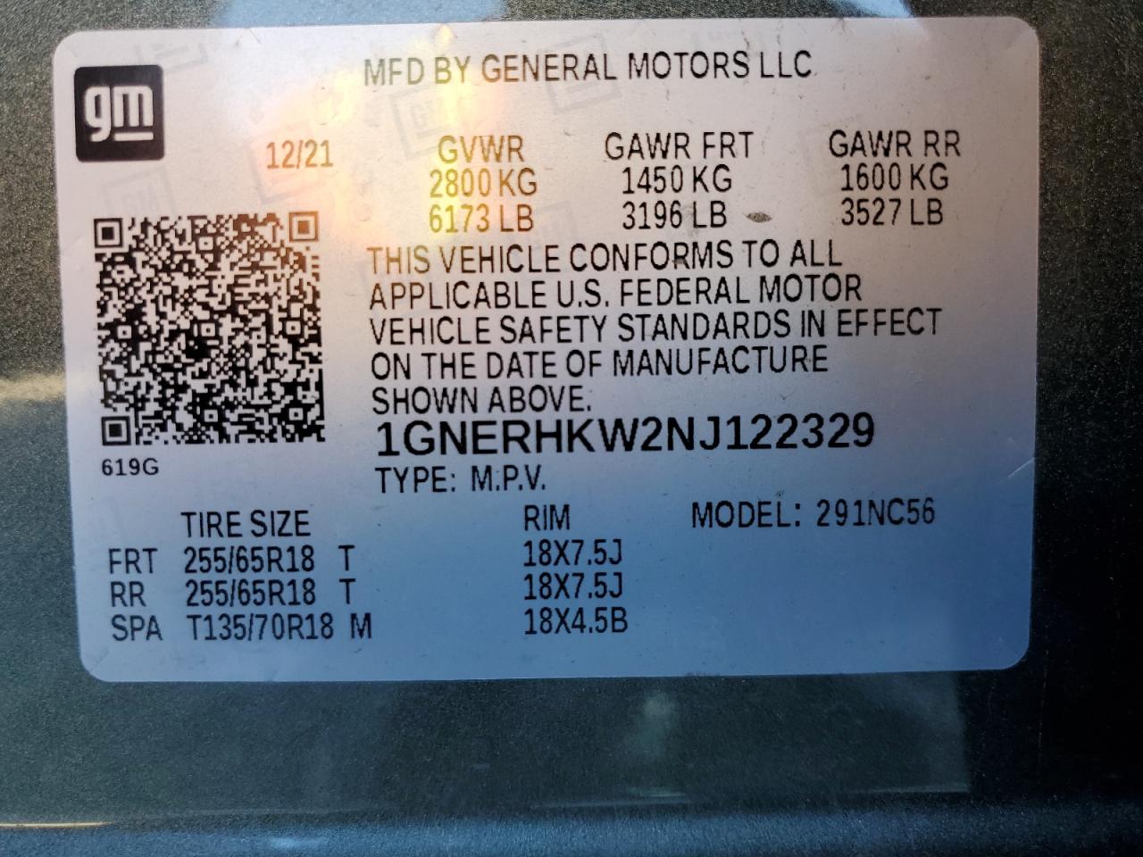 2022 CHEVROLET TRAVERSE LT VIN:1GNERHKW2NJ122329