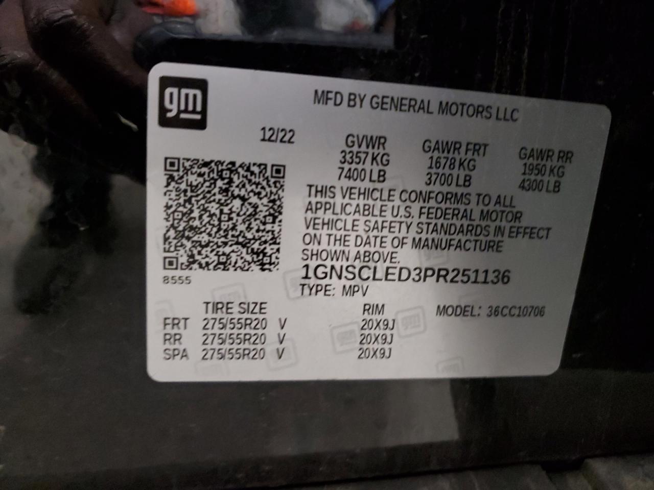 2023 CHEVROLET TAHOE C1500 VIN:1GNSCLED3PR251136