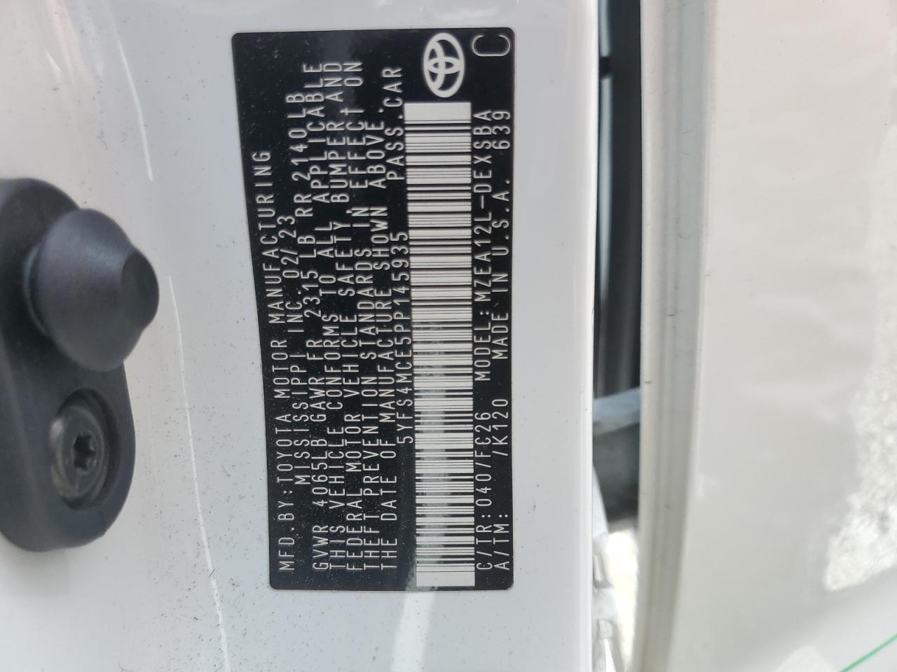 2023 TOYOTA COROLLA SE VIN:5YFS4MCE5PP145935