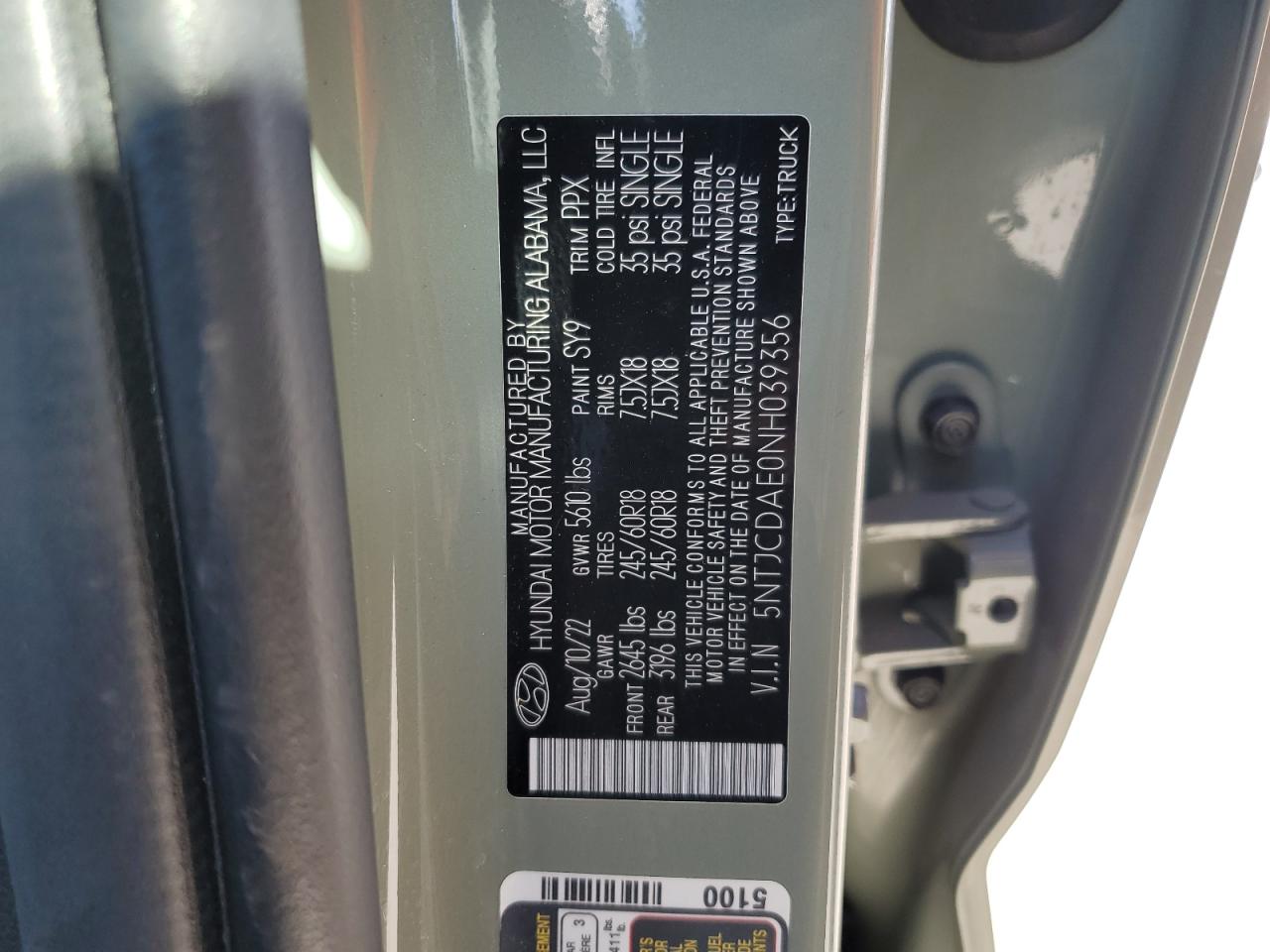 2022 HYUNDAI SANTA CRUZ SEL VIN:5NTJCDAE0NH039356