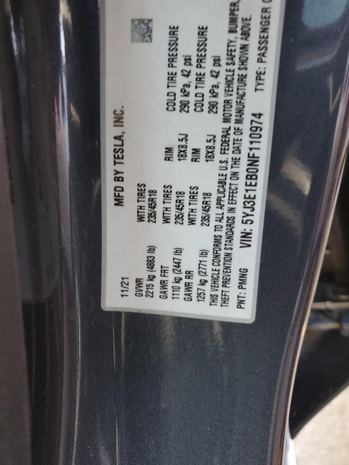 2022 TESLA MODEL 3 VIN:5YJ3E1EB0NF110974