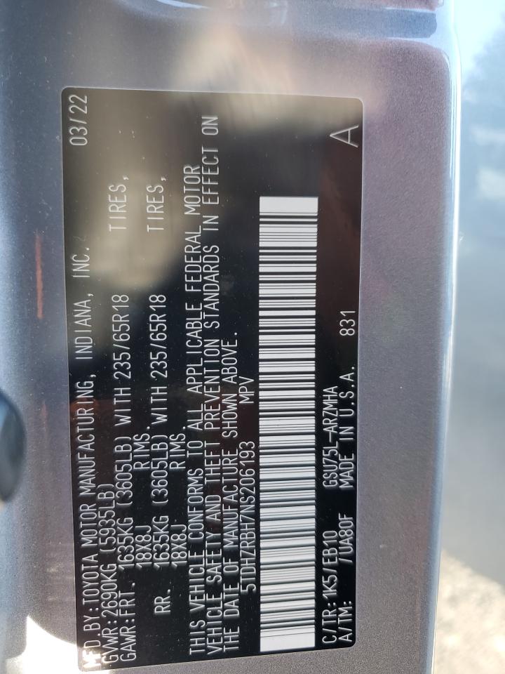 2022 TOYOTA HIGHLANDER XLE VIN:5TDHZRBH7NS206193
