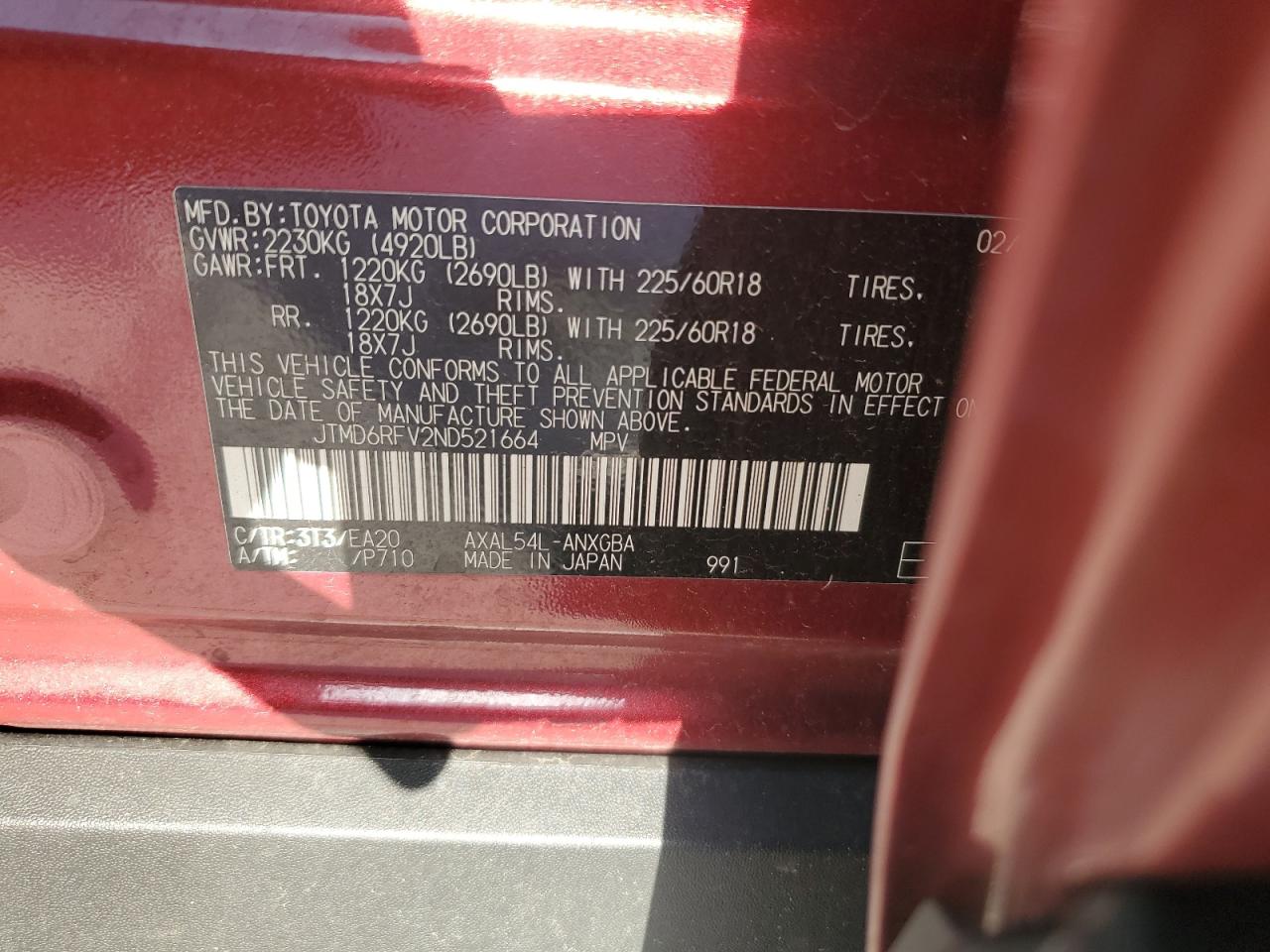 2022 TOYOTA RAV4 LIMITED VIN:JTMD6RFV2ND521664