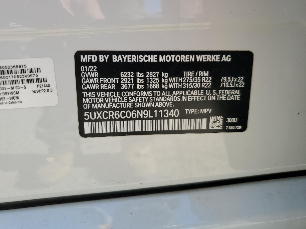 2022 BMW X5 XDRIVE40I VIN:5UXCR6C06N9L11340