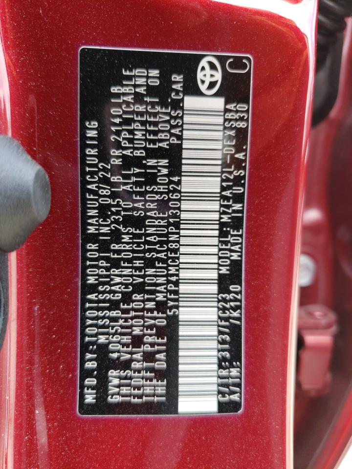 2022 TOYOTA COROLLA SE VIN:5YFP4MCE8NP130624