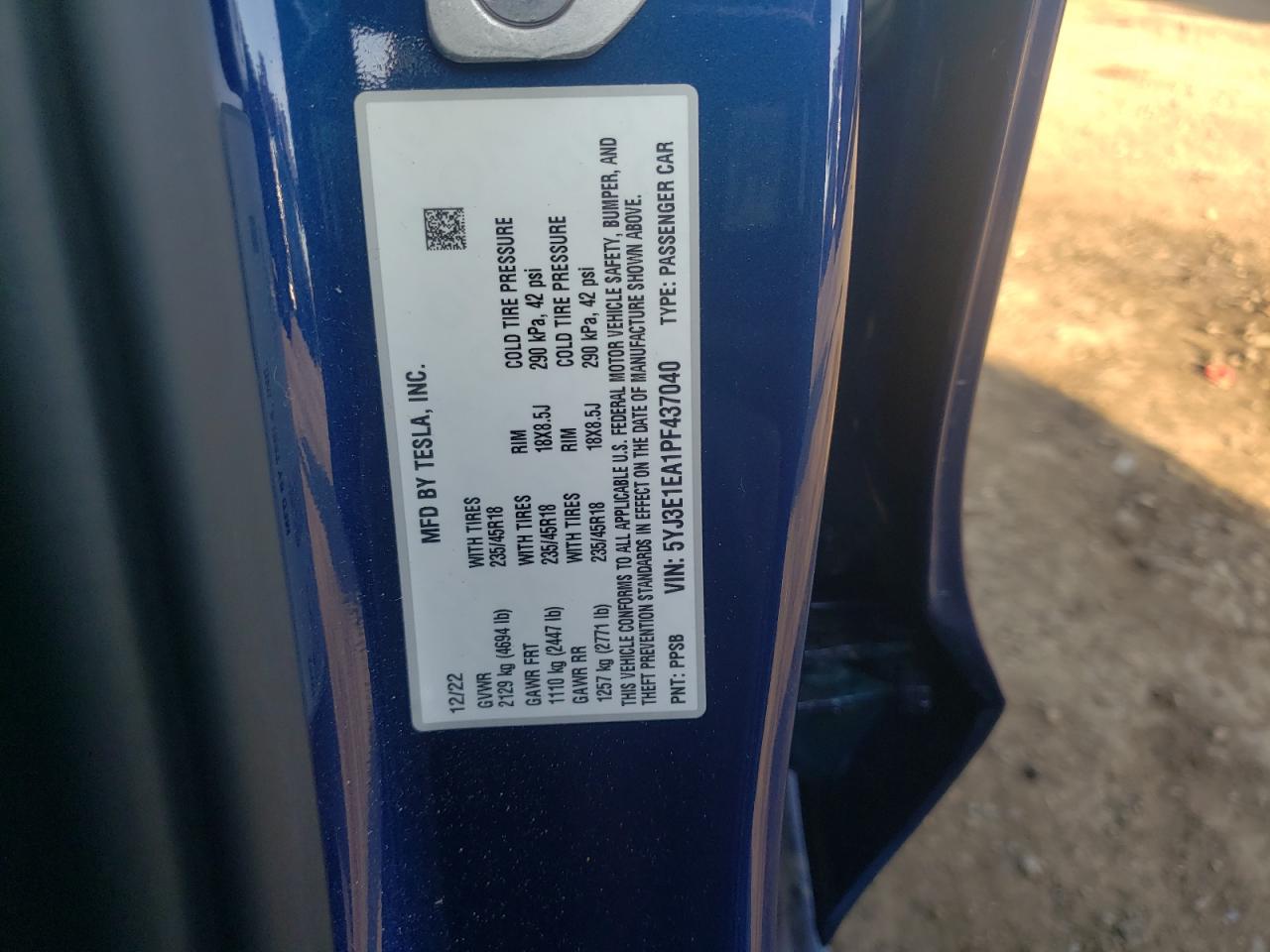 2023 TESLA MODEL 3 VIN:5YJ3E1EA1PF437040