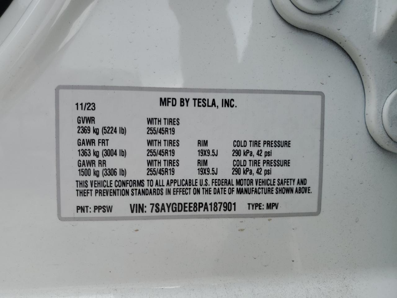 2023 TESLA MODEL Y VIN:7SAYGDEE8PA187901