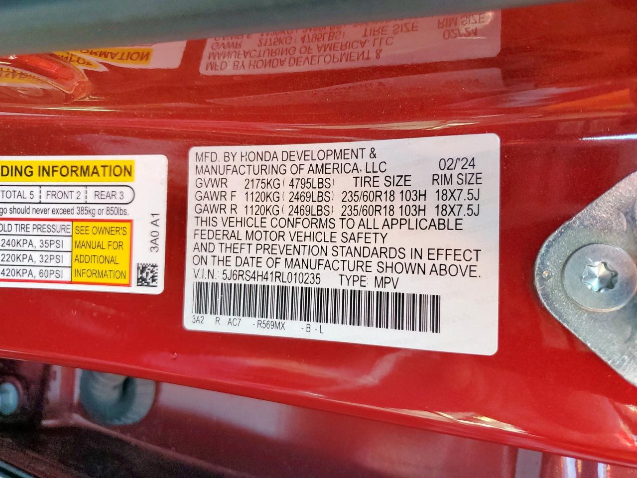 2024 HONDA CR-V EX VIN:5J6RS4H41RL010235