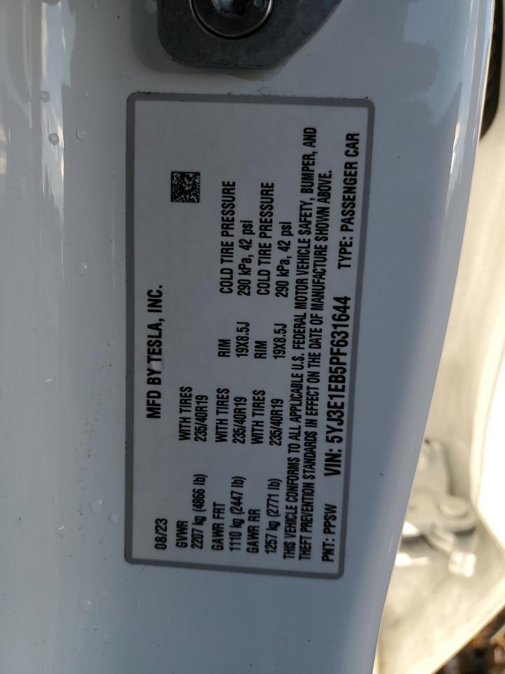 2023 TESLA MODEL 3 VIN:5YJ3E1EB5PF631644