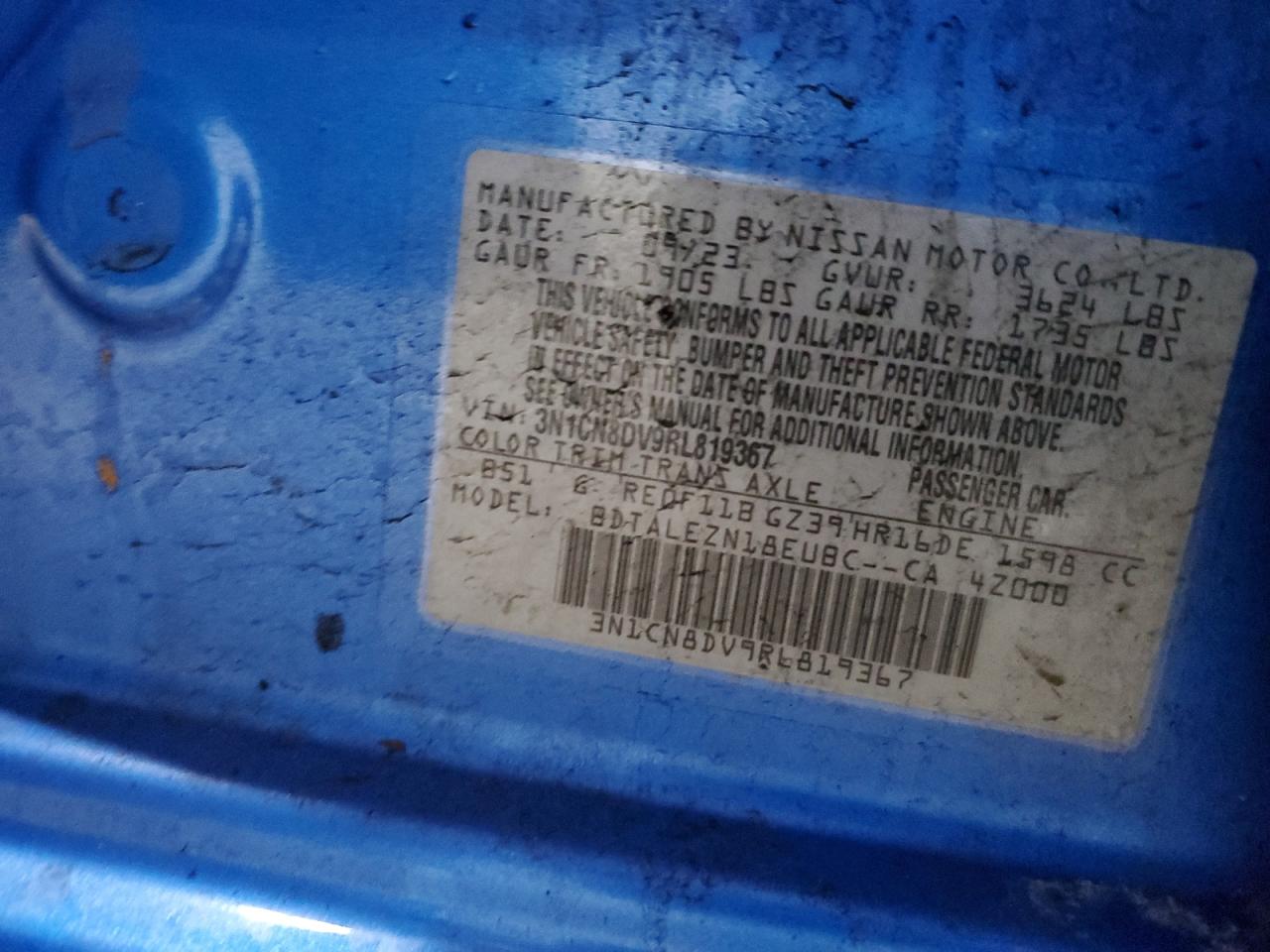 2024 NISSAN VERSA S VIN:3N1CN8DV9RL819367