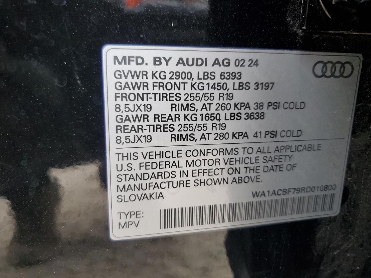 2024 AUDI Q7 PREMIUM VIN:WA1ACBF79RD010800