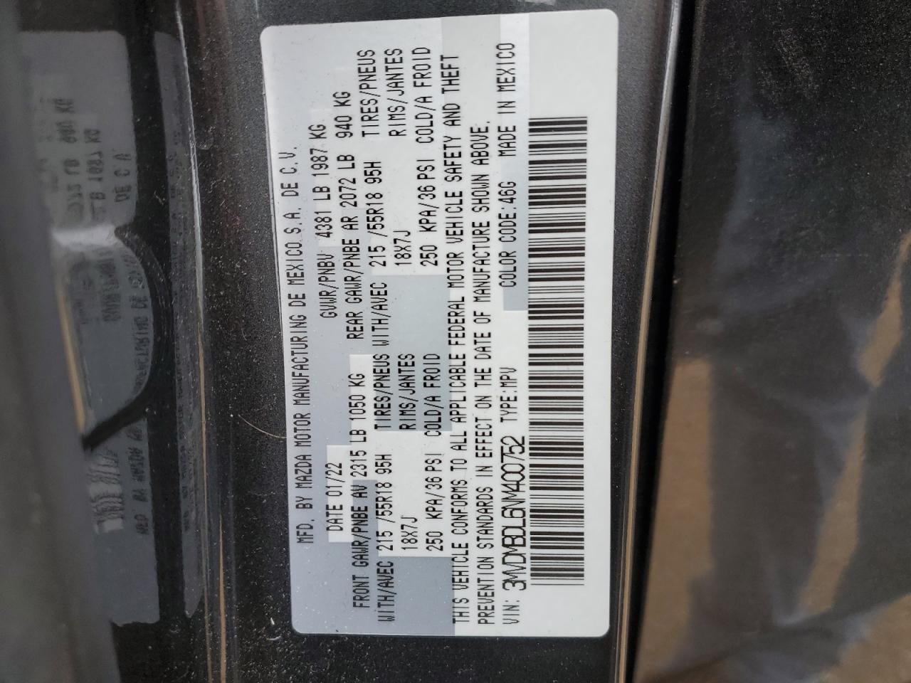 2022 MAZDA CX-30 PREMIUM VIN:3MVDMBDL6NM400752