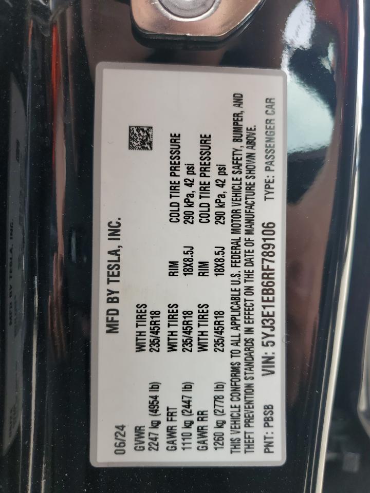2024 TESLA MODEL 3 VIN:5YJ3E1EB6RF789106