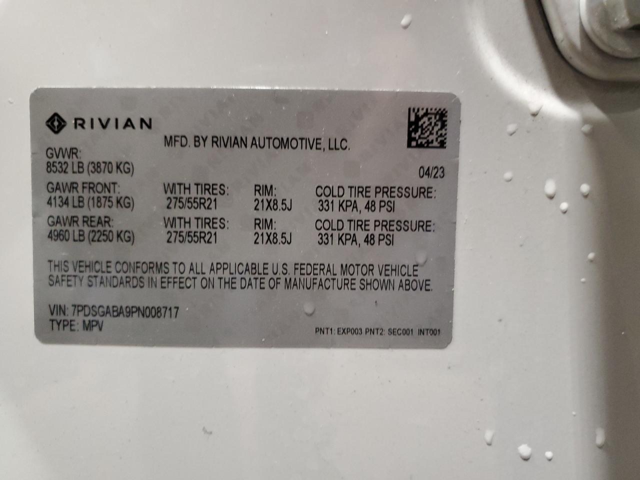 2023 RIVIAN R1S ADVENTURE VIN:7PDSGABA9PN008717