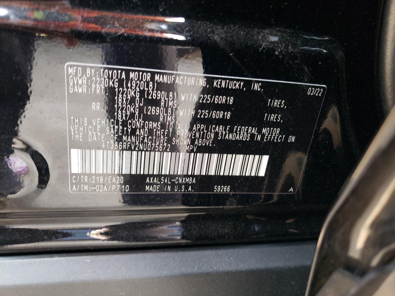 2022 TOYOTA RAV4 XLE PREMIUM VIN:4T3B6RFV2NU075672