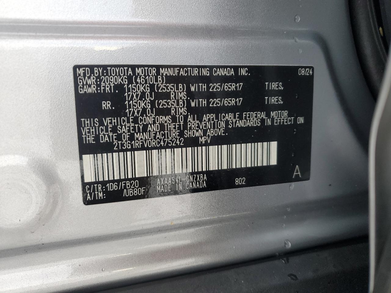 2024 TOYOTA RAV4 LE VIN:2T3G1RFV0RC475242