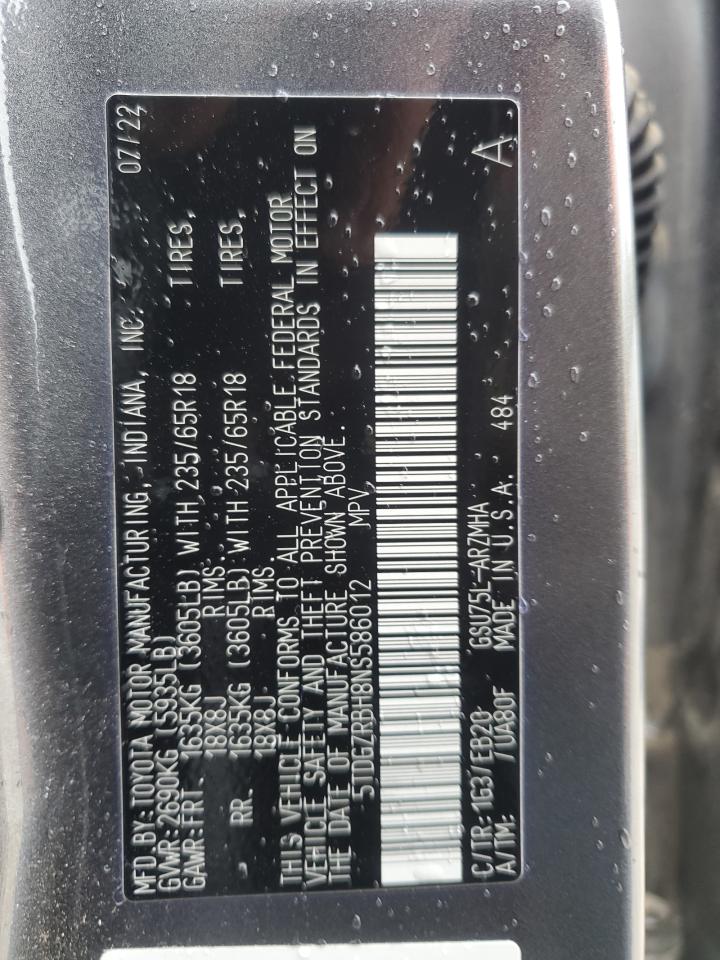 2022 TOYOTA HIGHLANDER XLE VIN:5TDGZRBH8NS586012