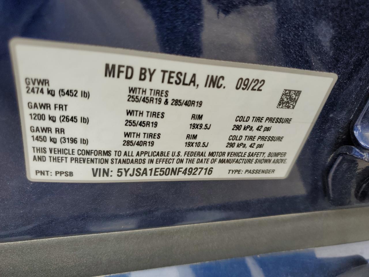 2022 TESLA MODEL S VIN:5YJSA1E50NF492716
