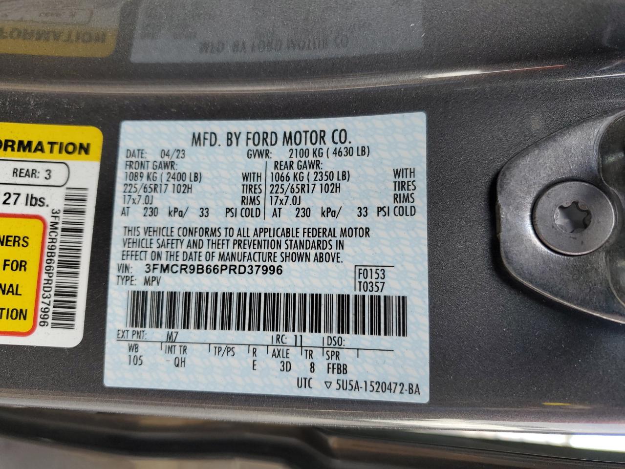 2023 FORD BRONCO SPORT BIG BEND VIN:3FMCR9B66PRD37996