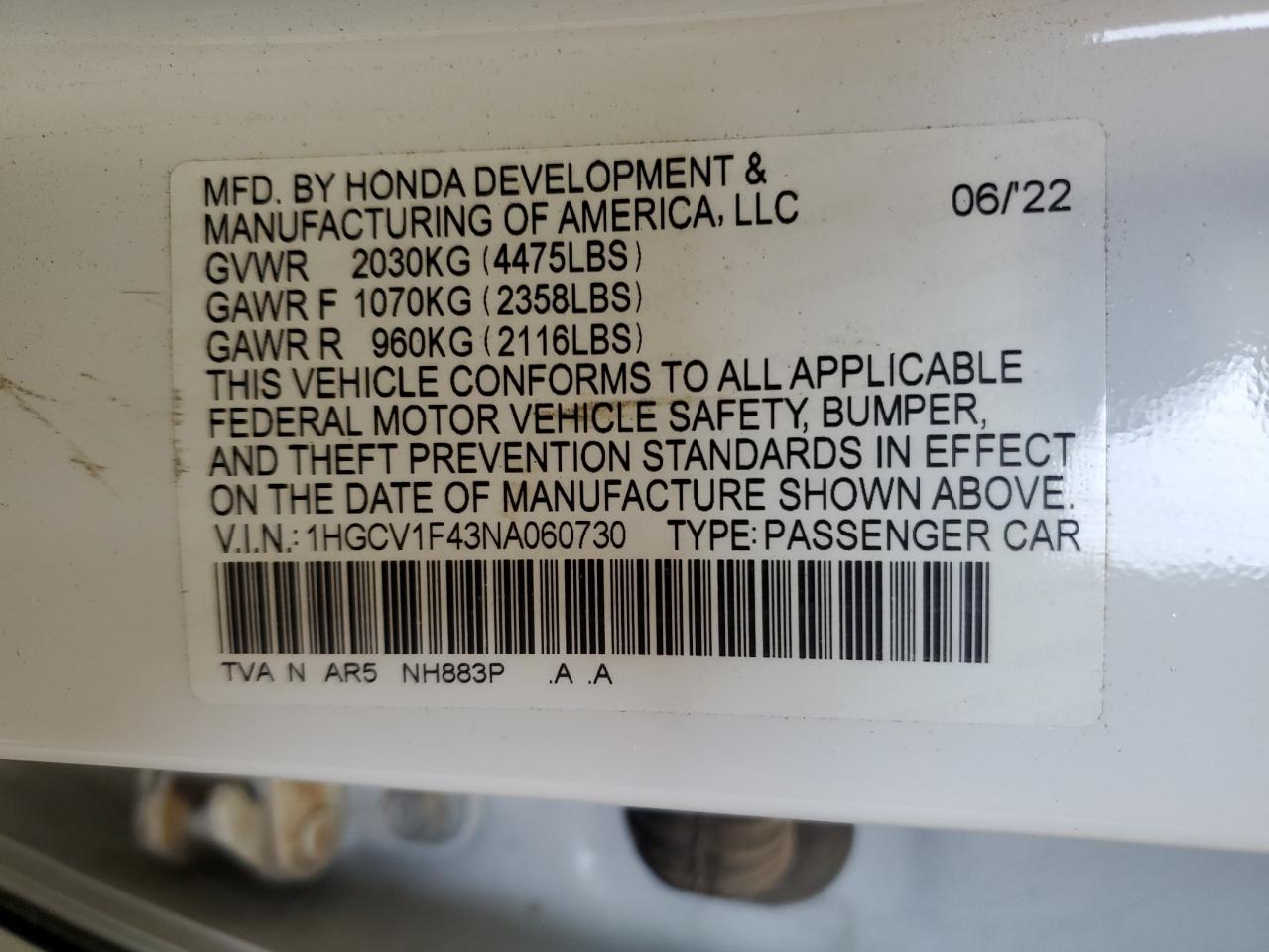 2022 HONDA ACCORD SPORT SE VIN:1HGCV1F43NA060730