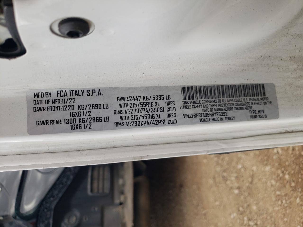 2022 RAM PROMASTER CITY TRADESMAN VIN:ZFBHRFAB5N6Y26992