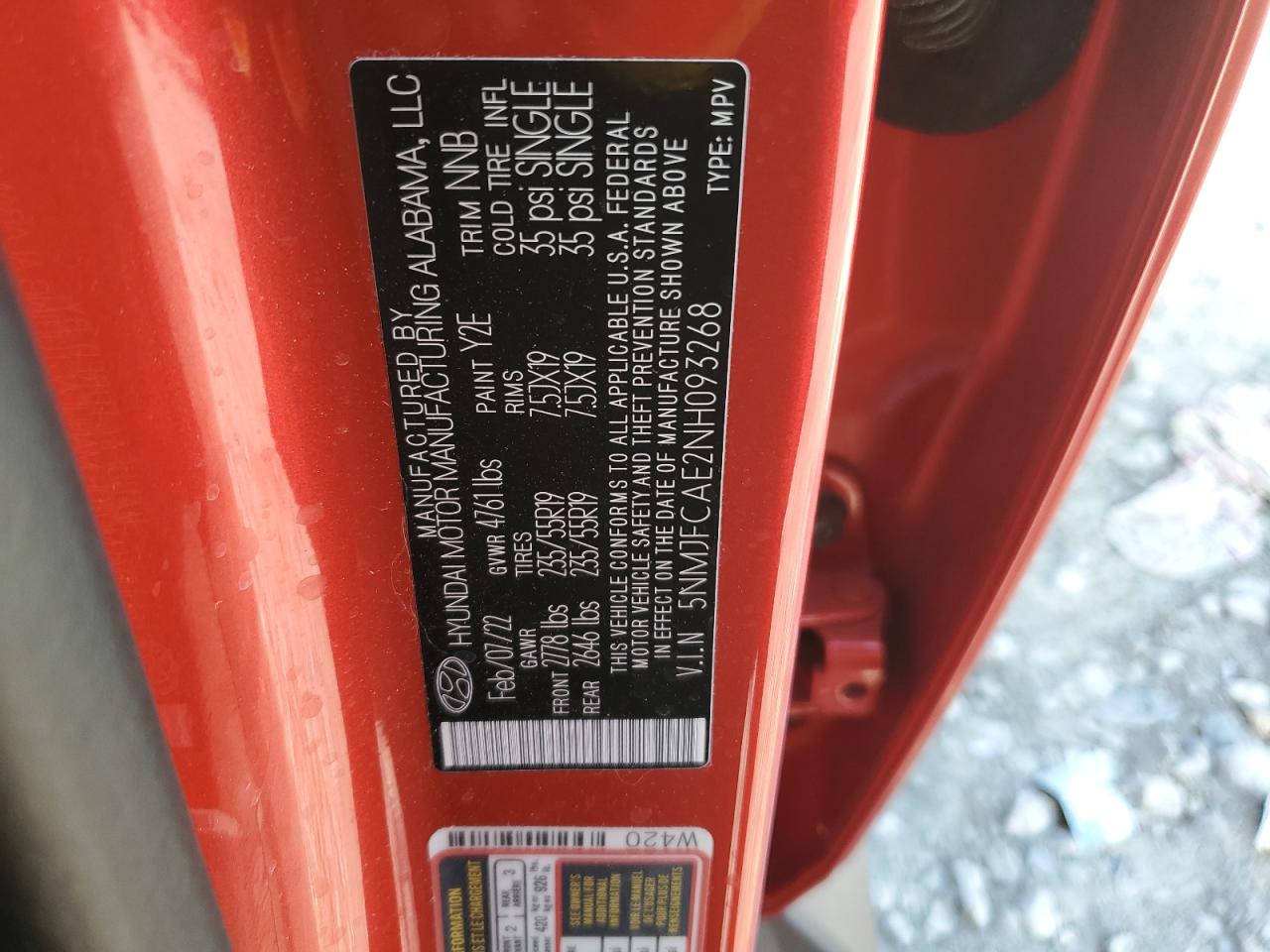 2022 HYUNDAI TUCSON SEL VIN:5NMJFCAE2NH093268