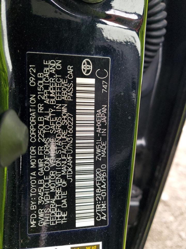 2022 TOYOTA PRIUS NIGHT SHADE VIN:JTDKAMFU7N3160227