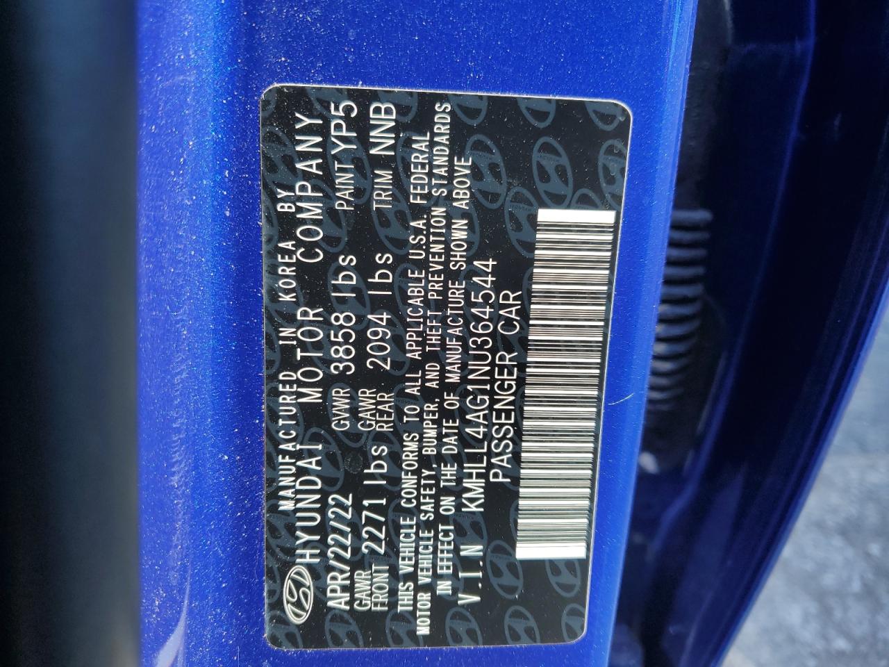 2022 HYUNDAI ELANTRA SE VIN:KMHLL4AG1NU364544