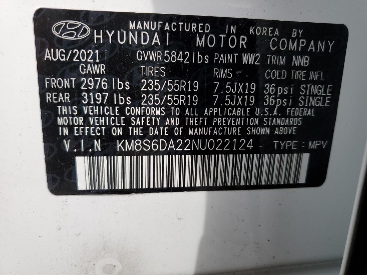 2022 HYUNDAI SANTA FE SEL VIN:KM8S6DA22NU022124