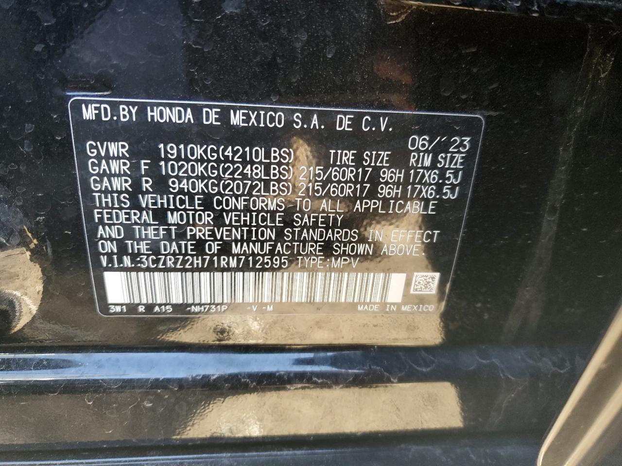 2024 HONDA HR-V EXL VIN:3CZRZ2H71RM712595