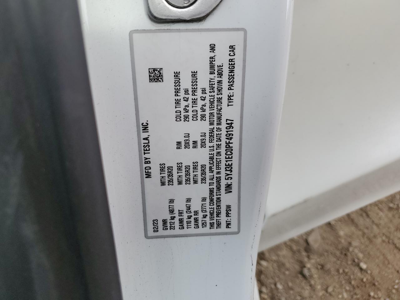 2023 TESLA MODEL 3 VIN:5YJ3E1EC0PF491947