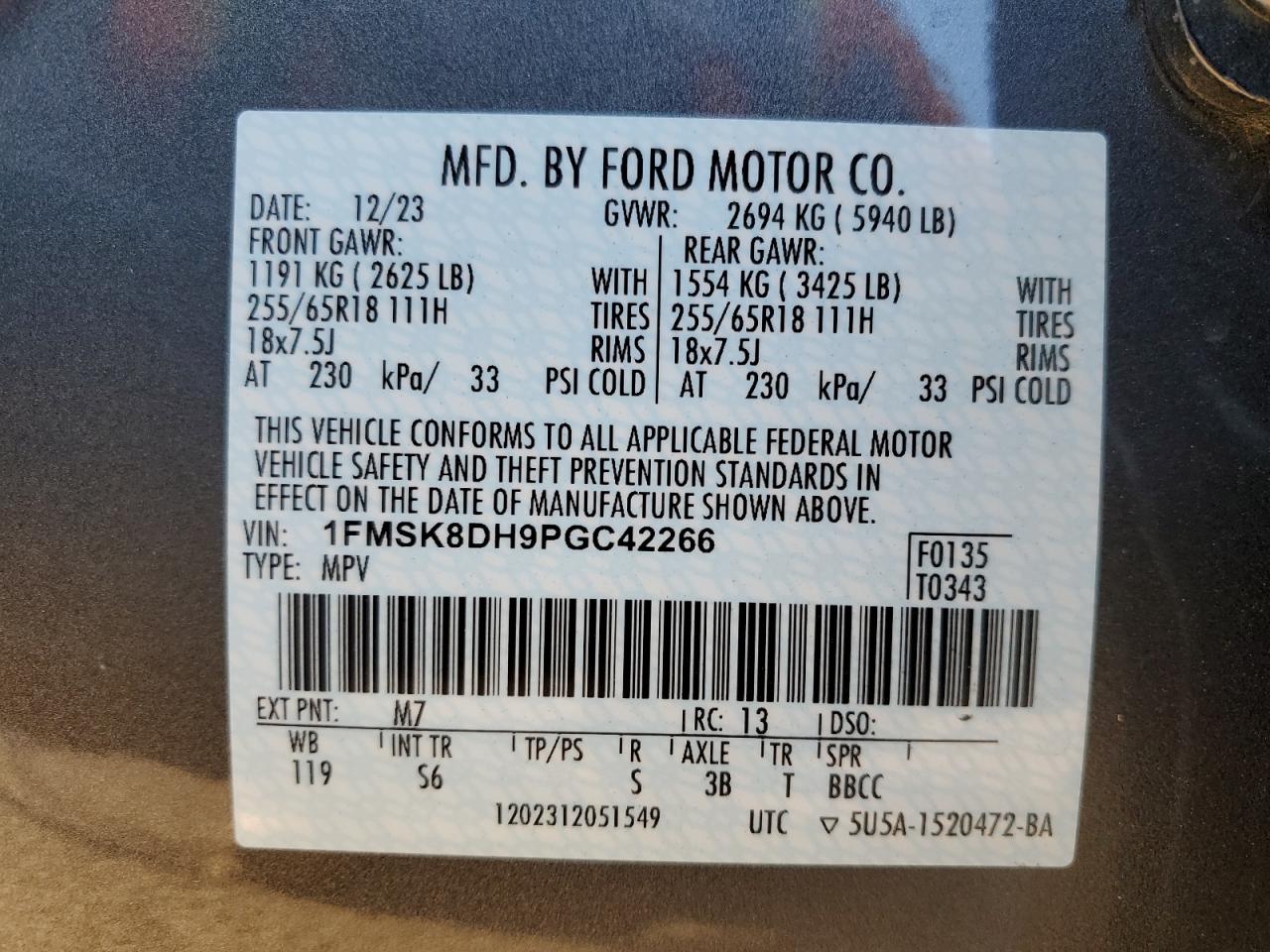 2023 FORD EXPLORER XLT VIN:1FMSK8DH9PGC42266