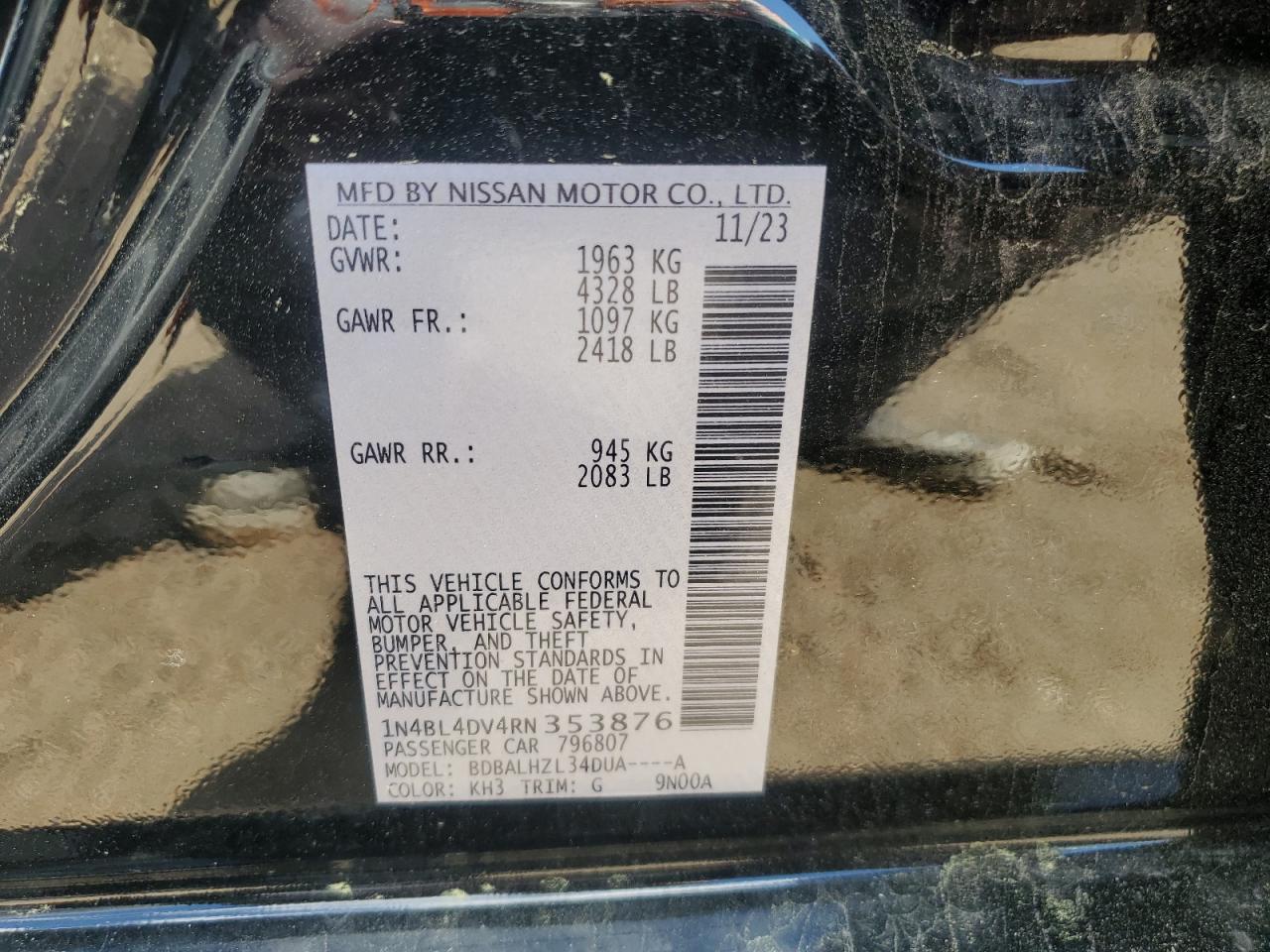 2024 NISSAN ALTIMA SV VIN:1N4BL4DV4RN353876