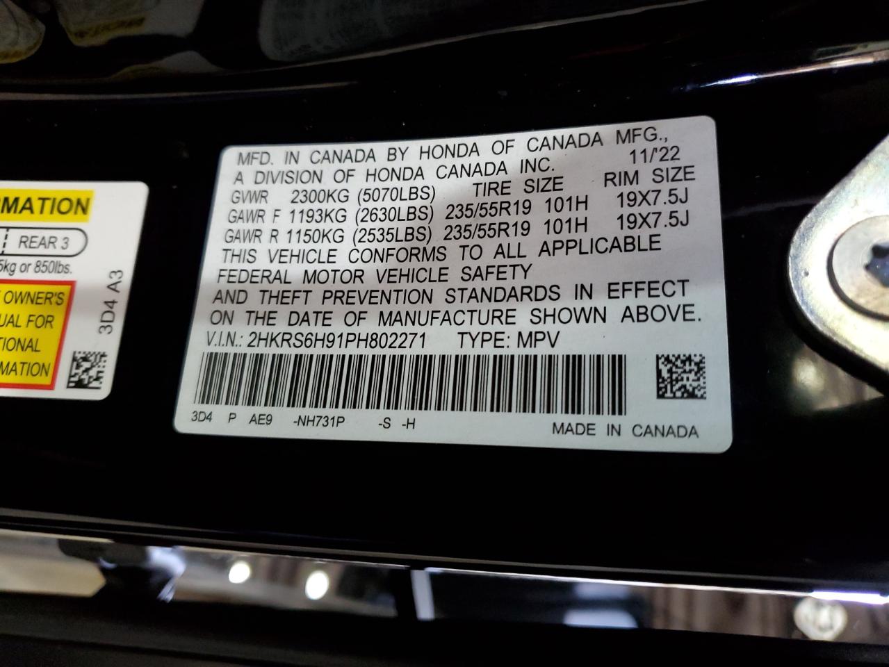 2023 HONDA CR-V SPORT TOURING VIN:2HKRS6H91PH802271