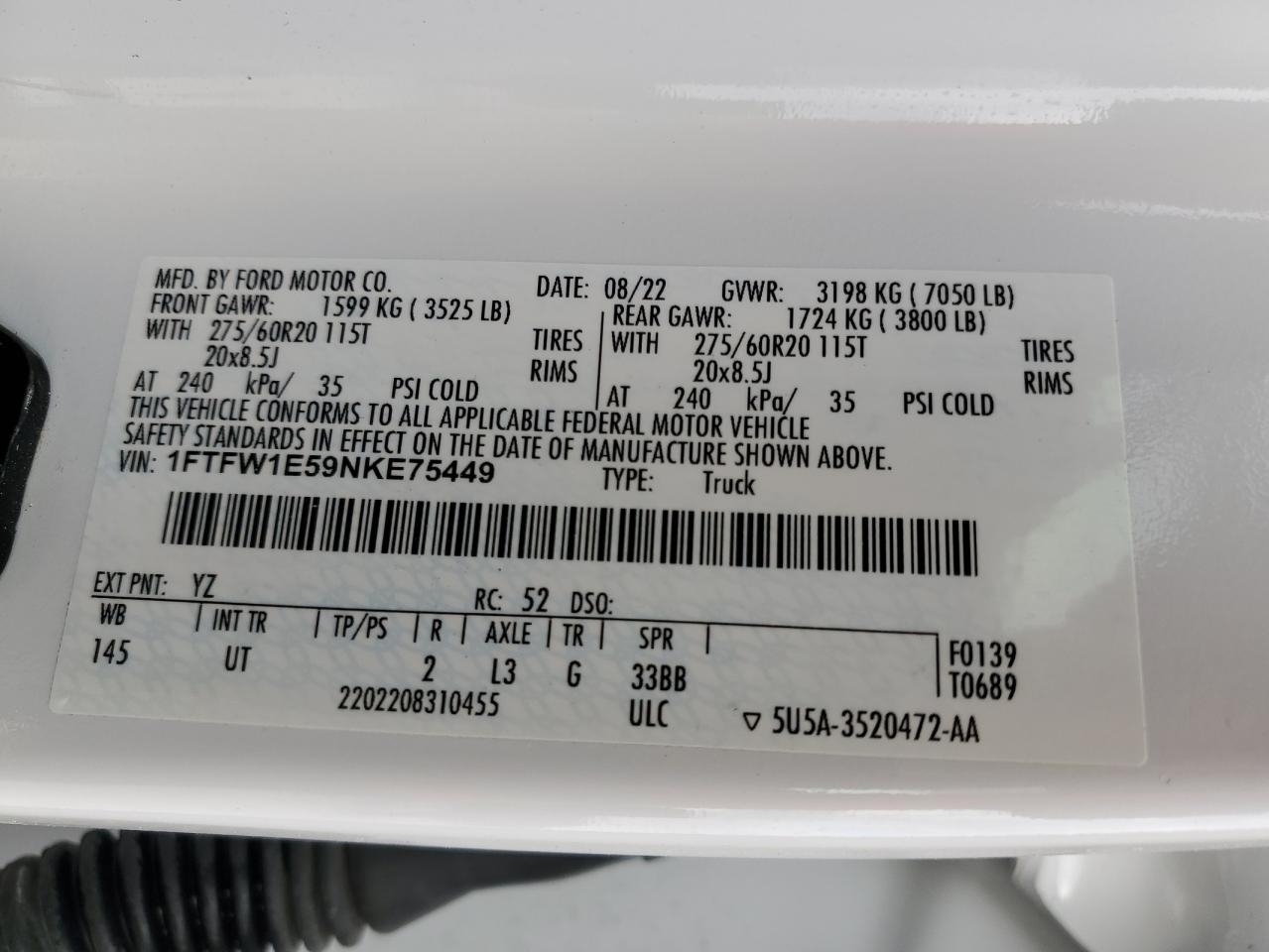 2022 FORD F150 SUPERCREW VIN:1FTFW1E59NKE75449
