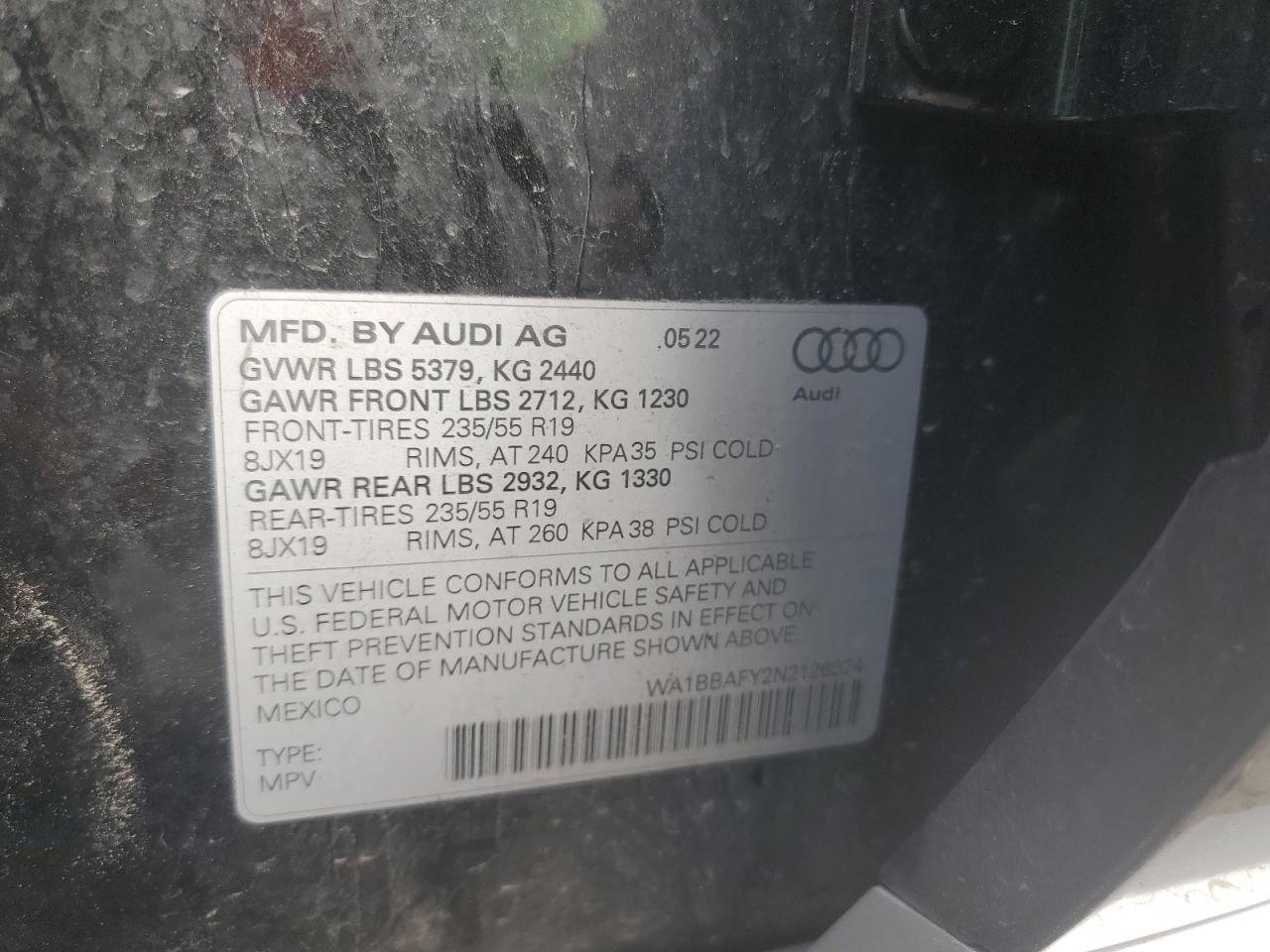 2022 AUDI Q5 PREMIUM PLUS 40 VIN:WA1BBAFY2N2126324