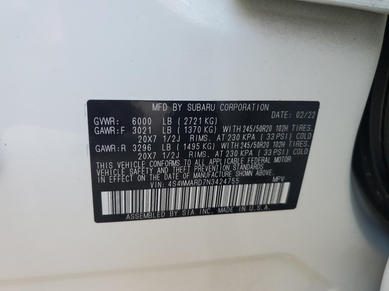 2022 SUBARU ASCENT TOURING VIN:4S4WMARD7N3424755